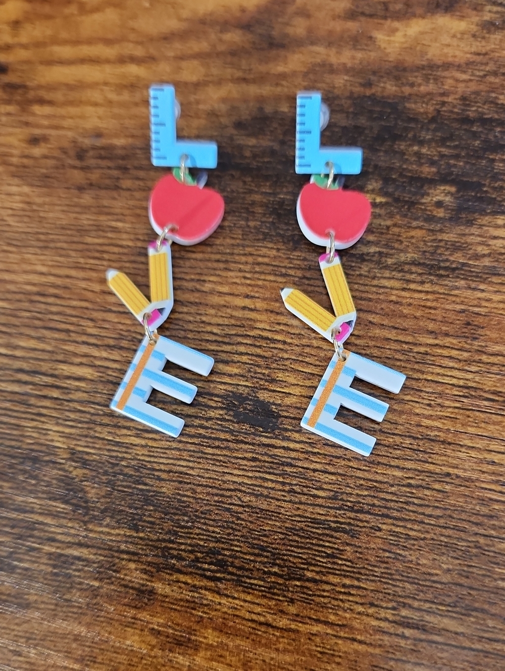 Acrylic Apple&pencil 'LOVE' design Drop Earrings in Blue, Red & Yellow Perfect